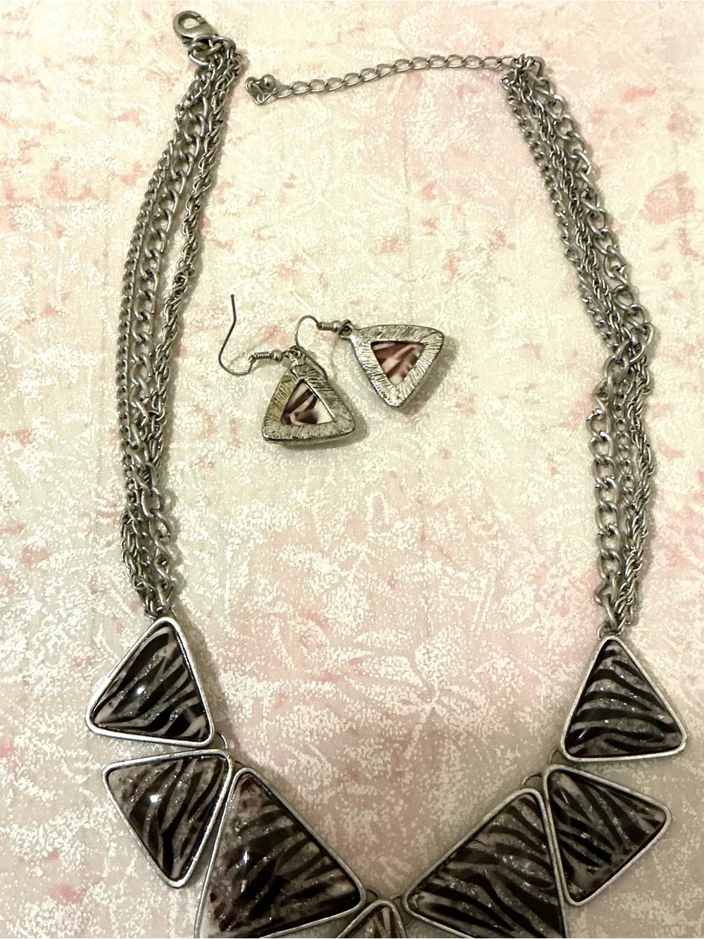 Silver-Tone Zebra Triangle Statement Necklace and Earring Set - Brown/Black